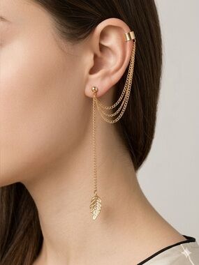 Gold Leaf Chain Ear Crawler | Boho Tassel Cuff Climber Earring